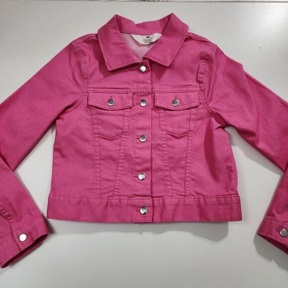 Girls H&M Bright Pink Cerise Denim Button Up Cotton Jacket Size 8 NEW w/o Tags - Picture 4 of 8